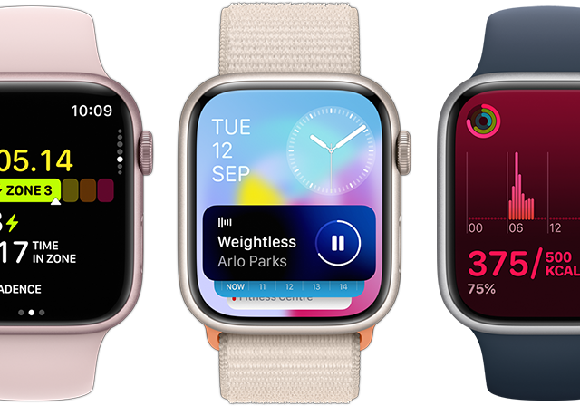 Vorderansicht von fünf Apple Watch Geräten, die zeigen, wie viel mehr Infos mit dem watchOS 10 Update auf das Display passen.