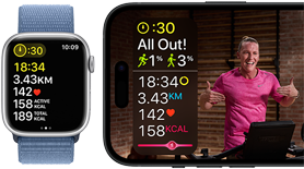 Trainingsdaten auf der Apple Watch und ein Apple Fitness+ Training auf dem iPhone