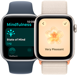 Zwei Apple Watch SE Modelle. Eines zeigt „Gemütszustand“ auf dem Achtsamkeit App Display. Das andere zeigt den Gemütszustand „Sehr angenehm“.