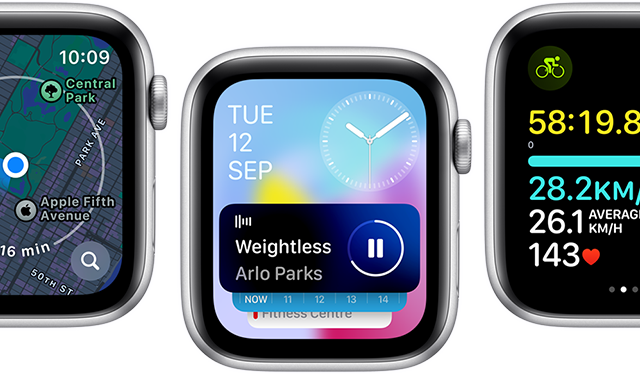 Vorderansicht von Apple Watch SE Displays mit verschiedenen aktualisierten App Displays.